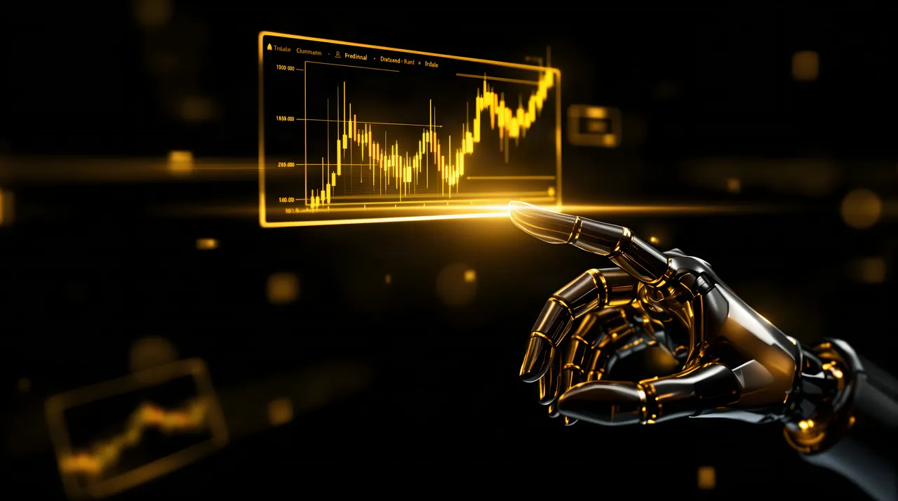 A black-and-gold robotic hand reaching out to a floating gold trading screen