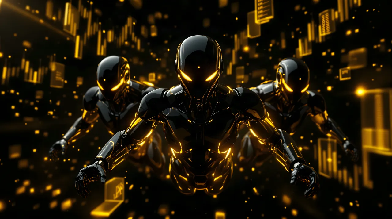 Three black-and-gold robots flying straight towards you through a field of gold light