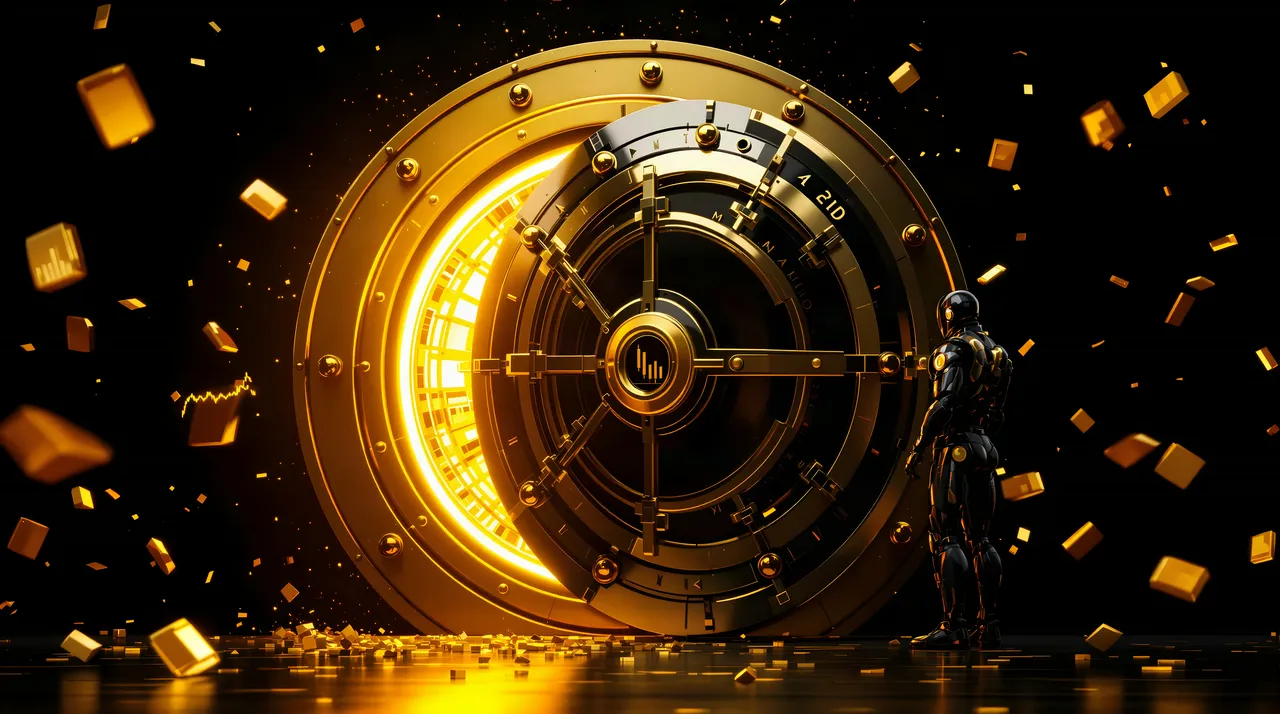 A vast gold vault door standing open, guarded by a black-and-gold robot